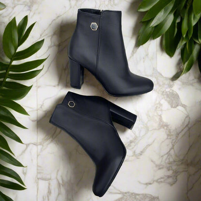 Petite size black leather ankle boots