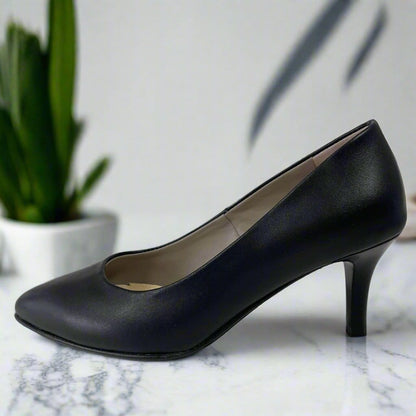 Black leather kitten heel courts