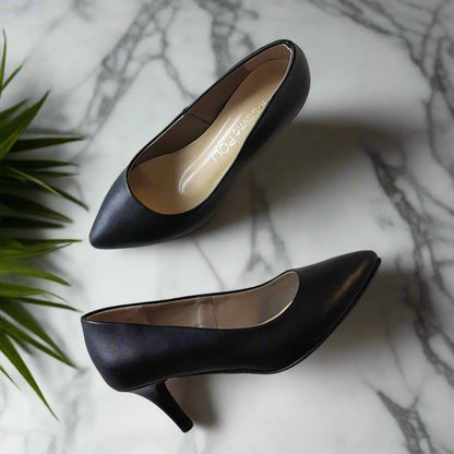 Black leather kitten heel court shoes