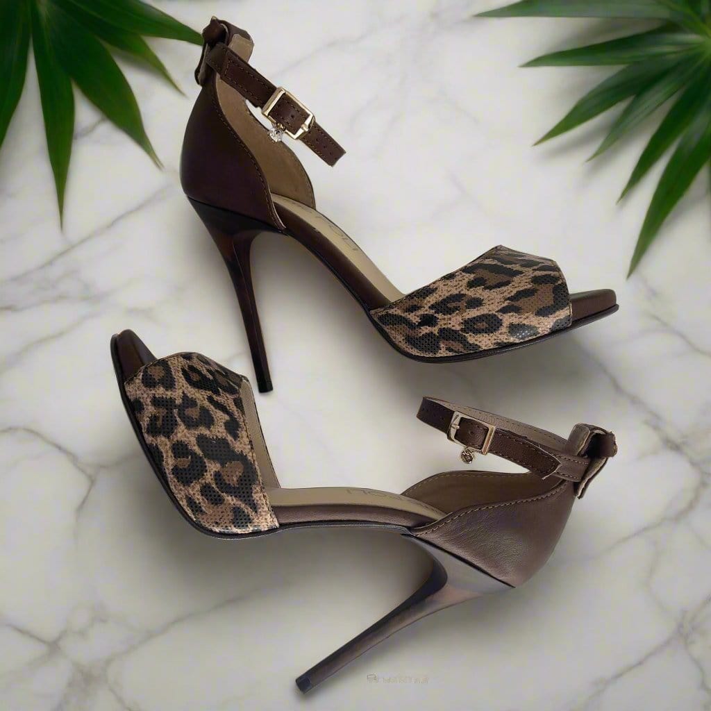 Brown and animal print high heel sandals