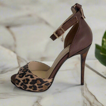 Petite ankle strap high heels in animal print