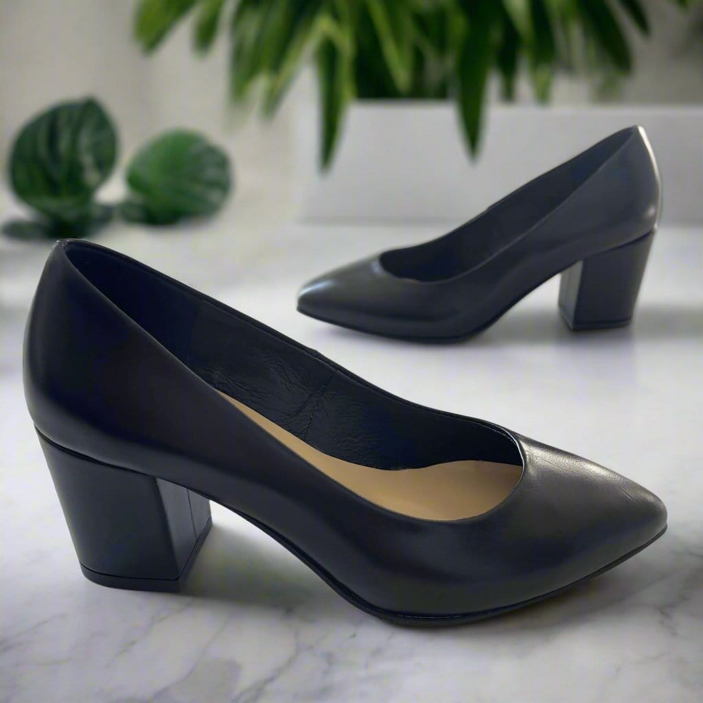 Petite block heel court shoes in black leather