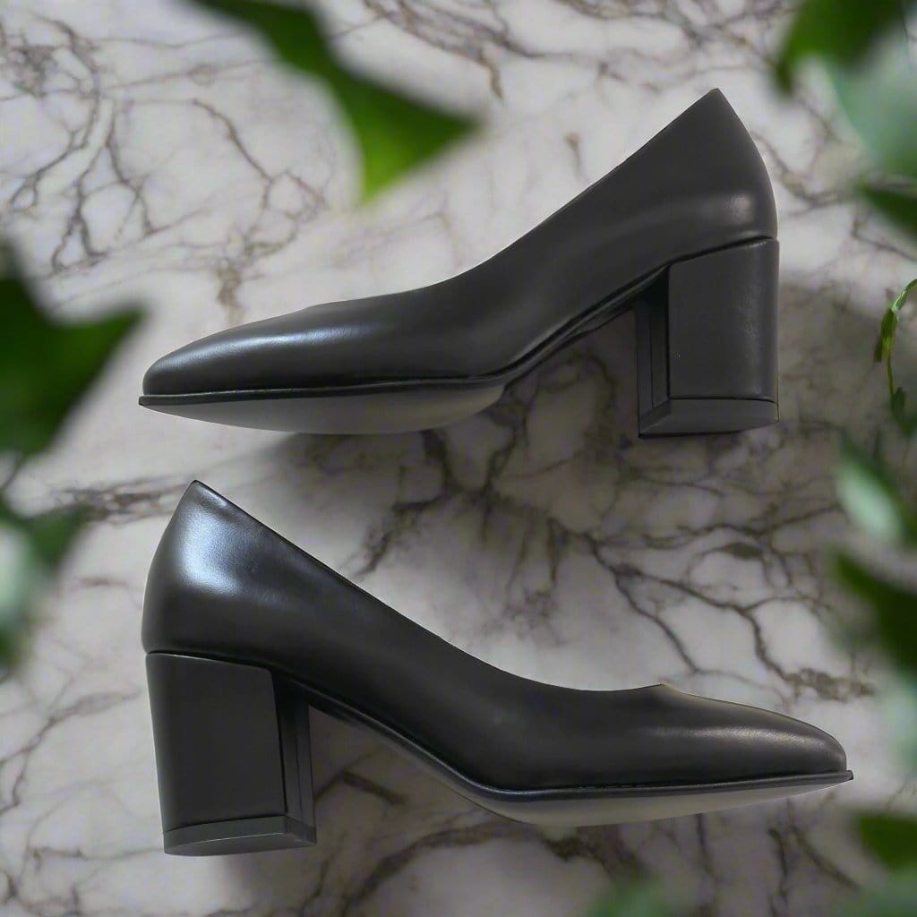 Petite block heel court shoes in black leather