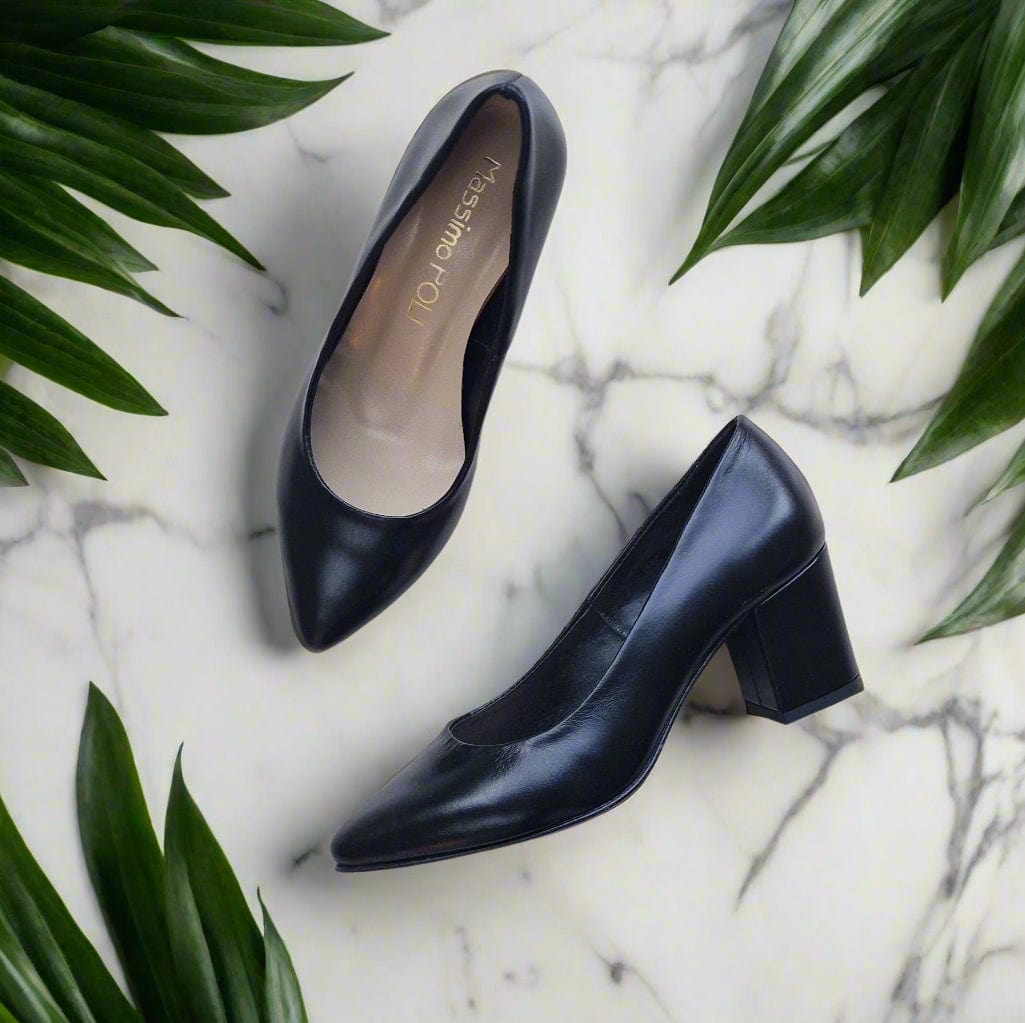 Pointed toe court shoes set on a block heel