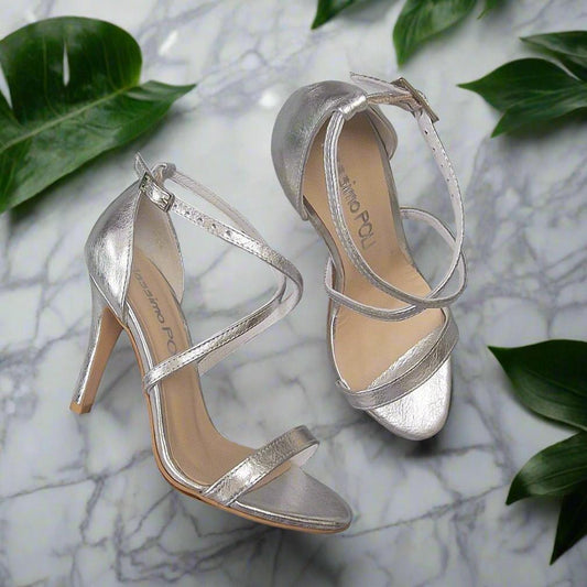 Silver leather high heel strappy heels