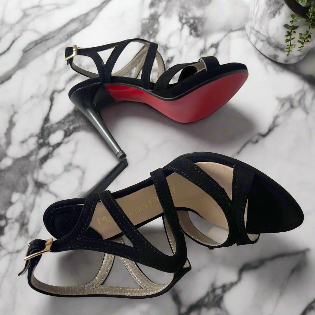 Black suede strappy heels with a red sole, designed for small feet, shown from a side and top view on a white background.