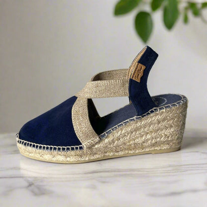 Navy blue suede petite espadrille wedge