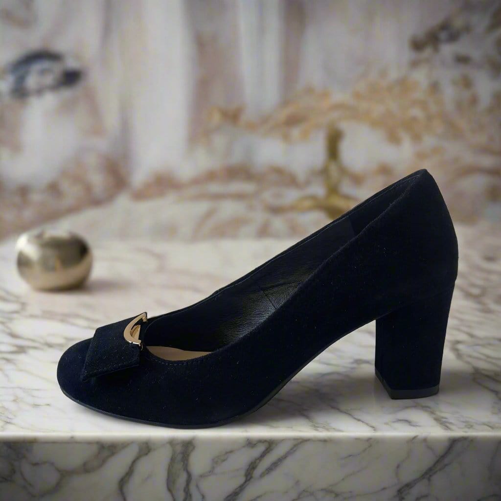 Petite black suede court shoes with gold buckle detailing