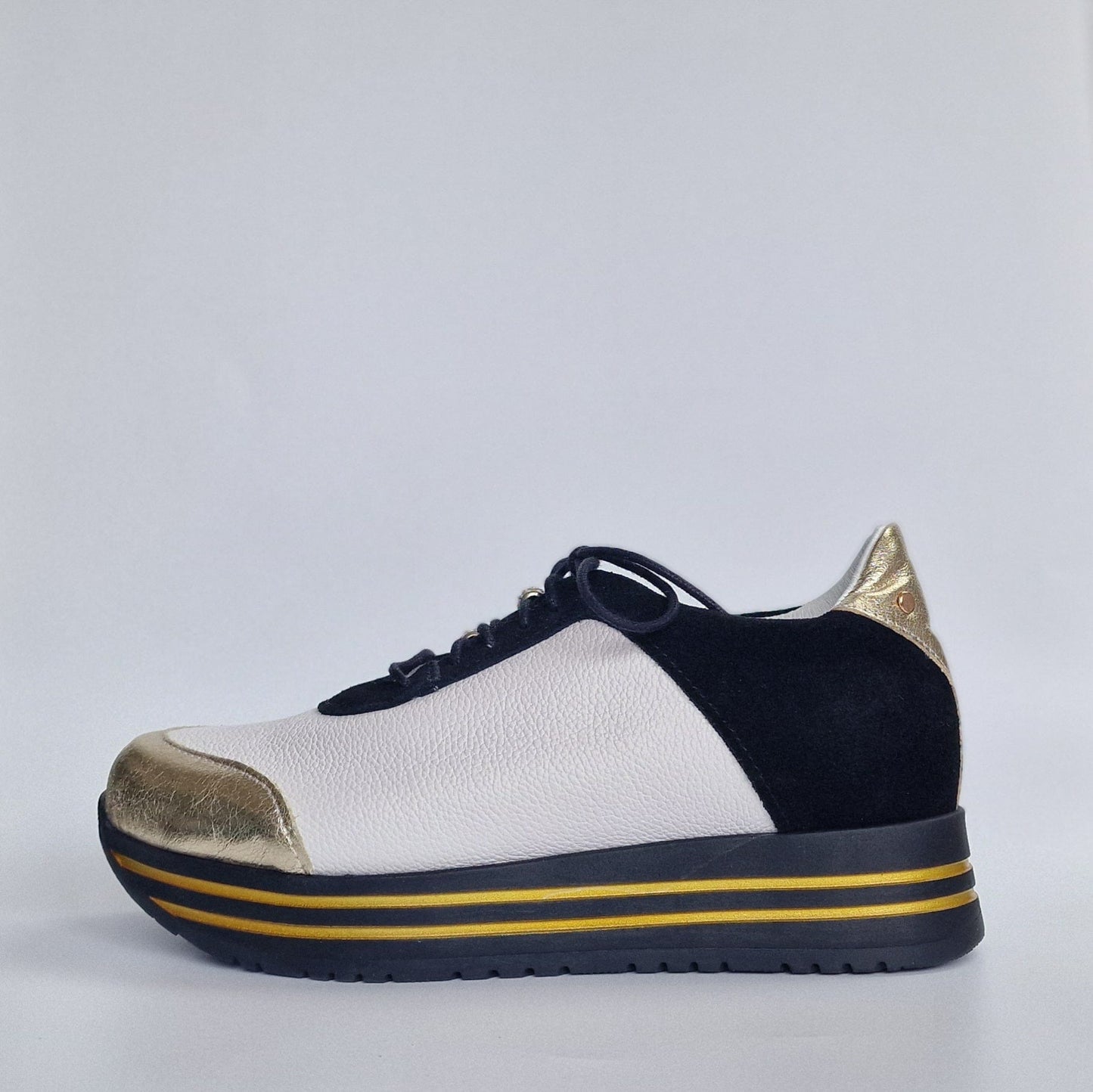 Gold and white leather ladies petite sneaker shoes