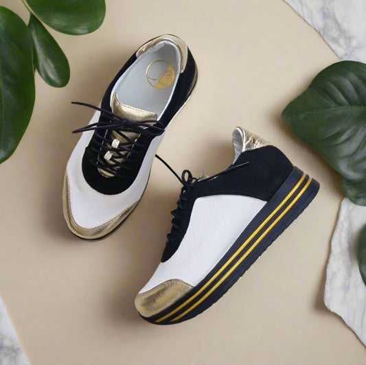 Gold and white leather ladies petite sneaker shoes