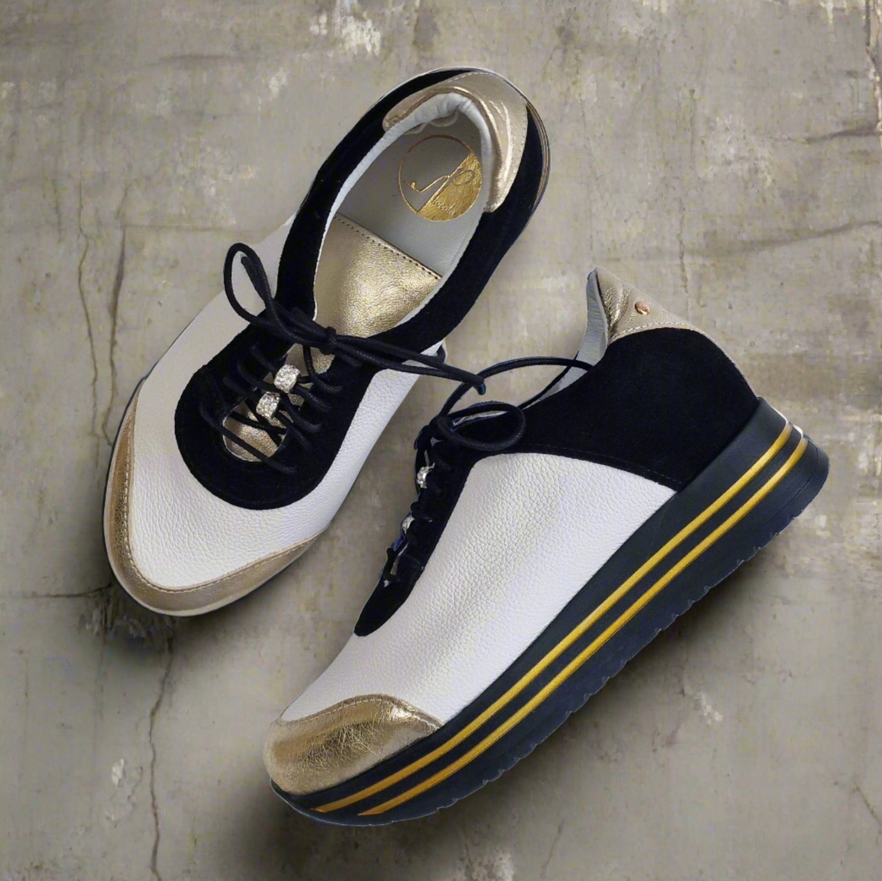 Gold and white leather ladies petite sneaker shoes