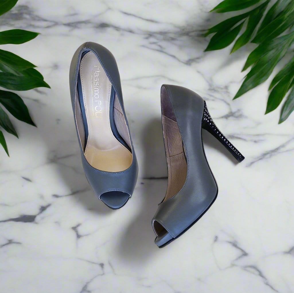 Grey leather peep toe court heels