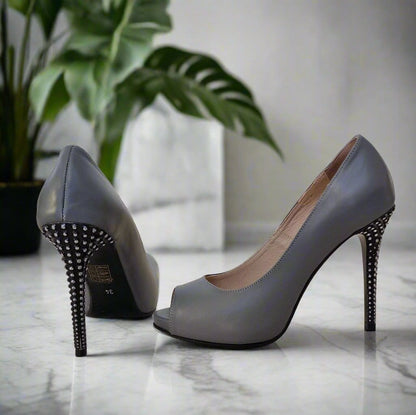 Grey leather peep toe court heels