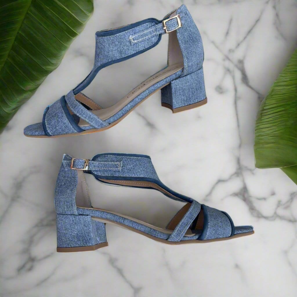 Kitten block heel denim sandals