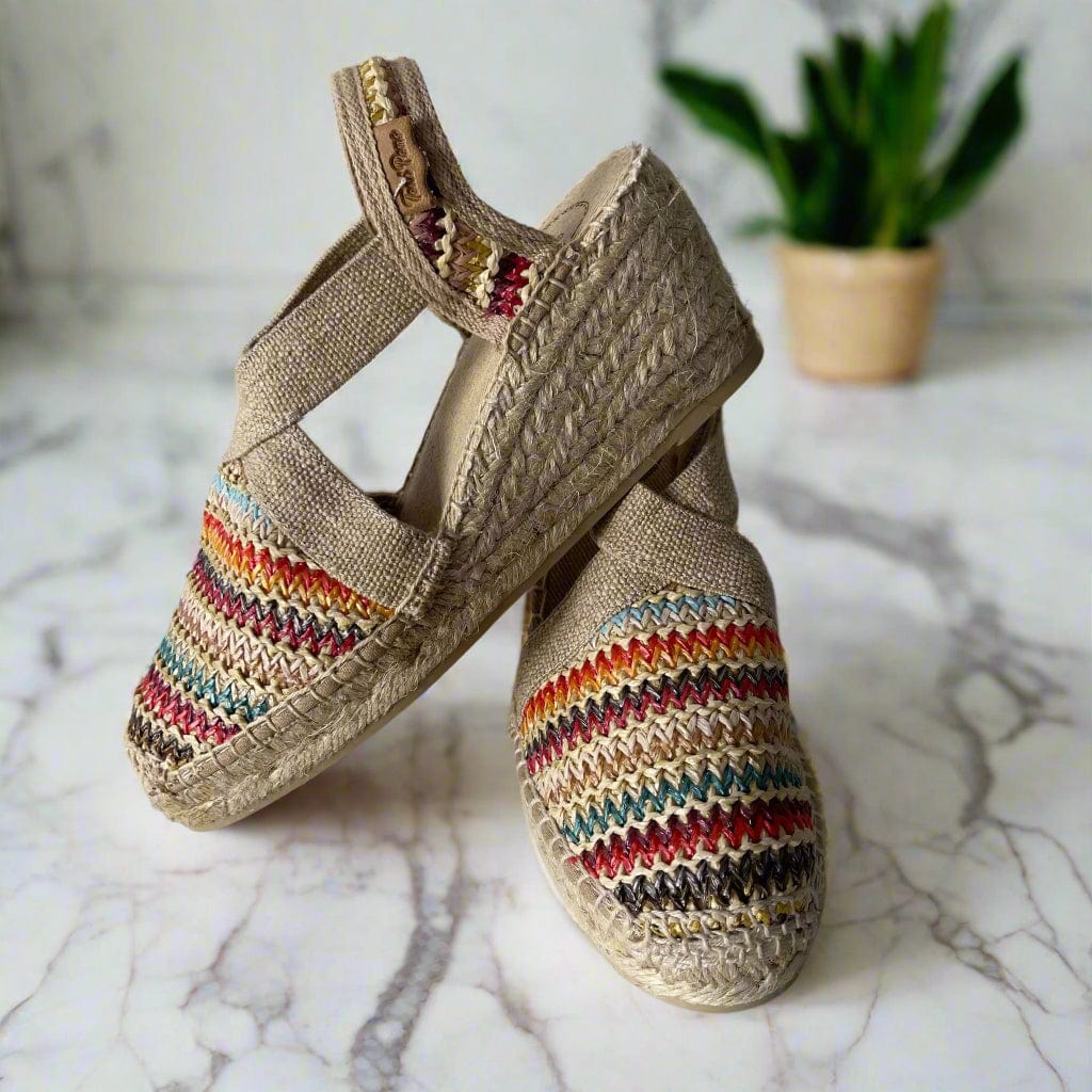 Multicolour natural raffia wedge sandals