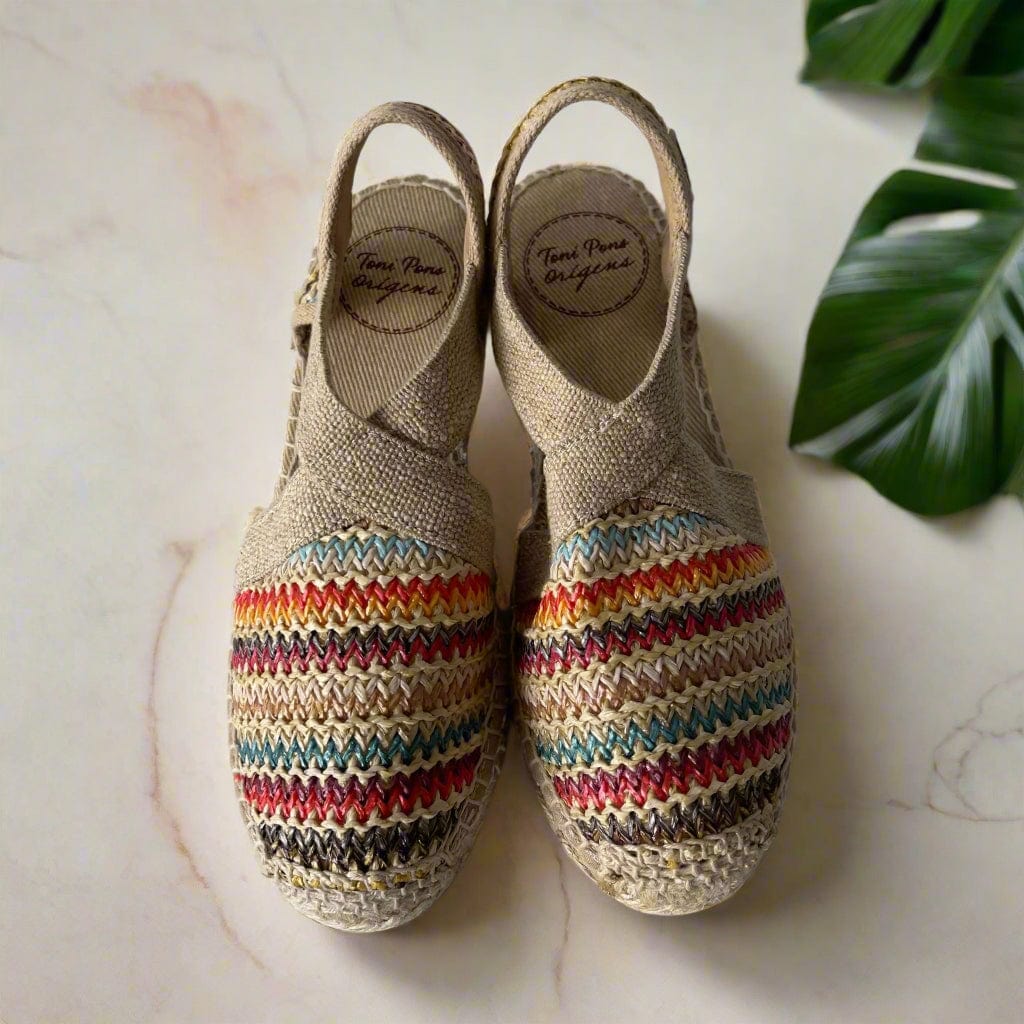 Petite  multicoloured raffia wedge sandas 