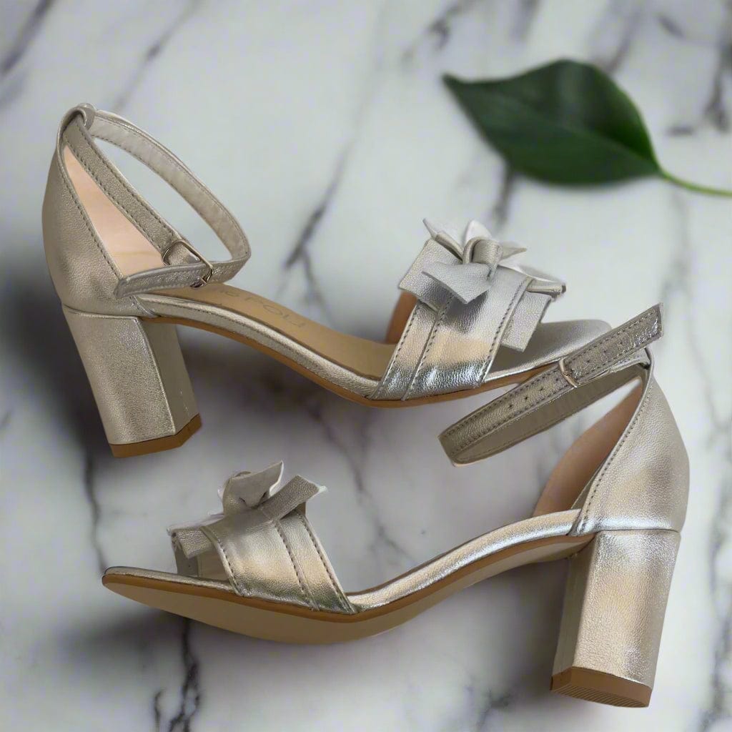 Petite size silver leather block heel sandals 