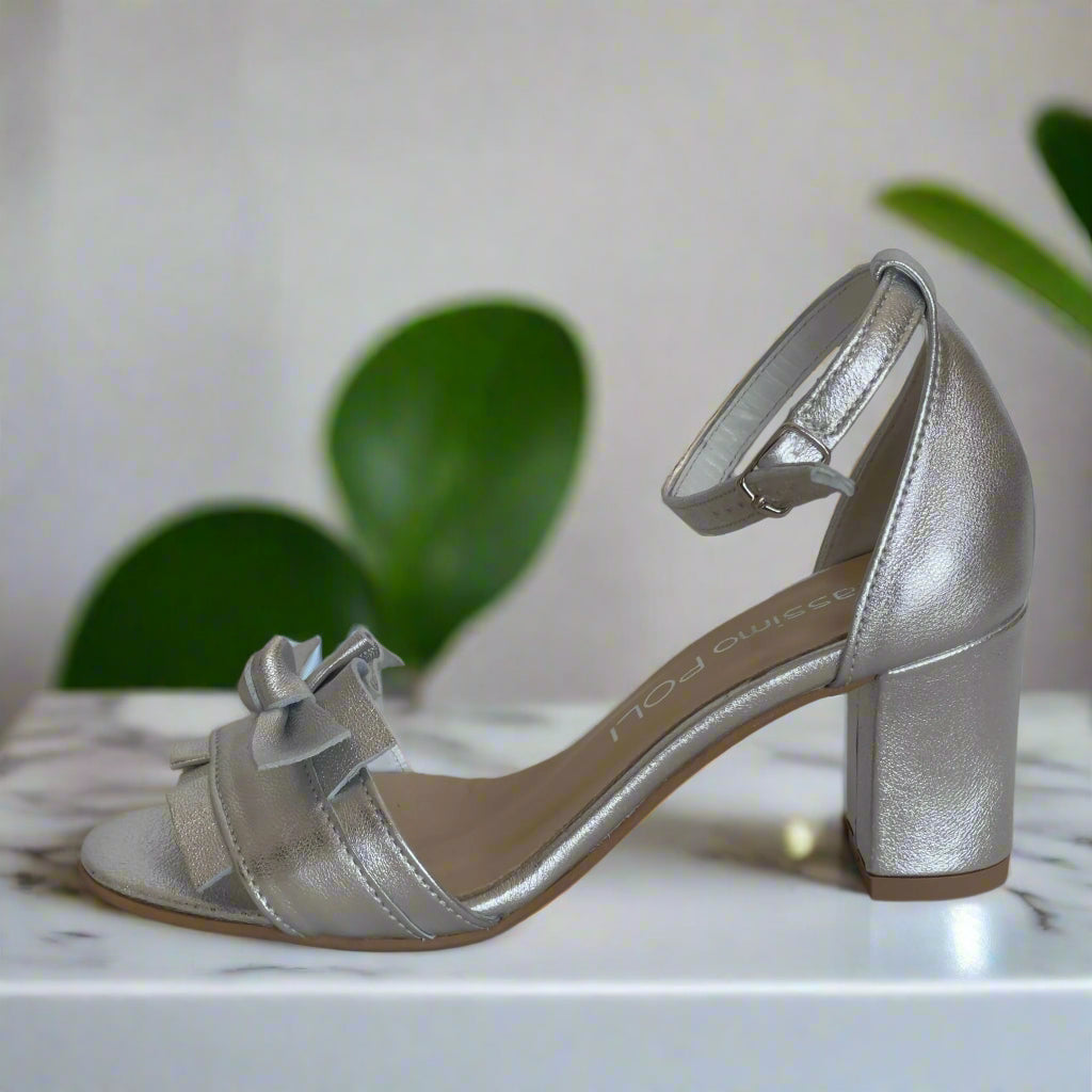 Petite size silver leather block heel sandals 