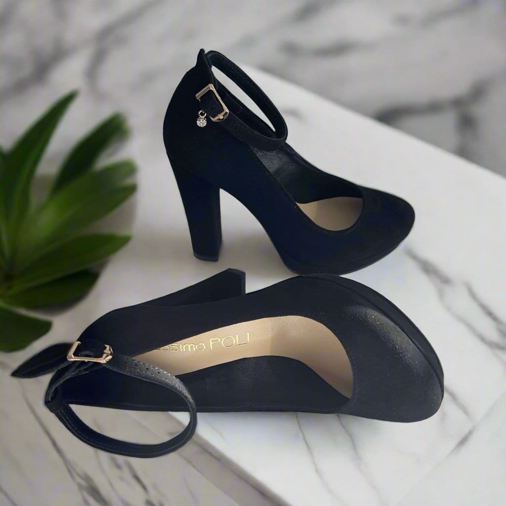 Black suede round toe court heels with ankle strap