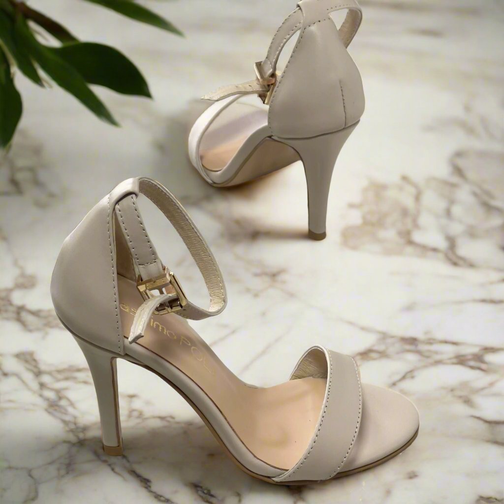 High heel ankle strap sandals in nude leather