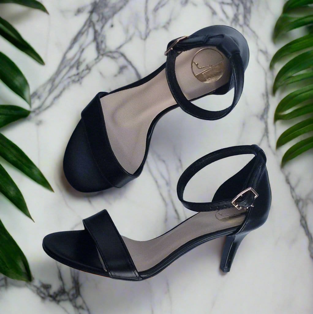 Black leather strappy heels in petite size