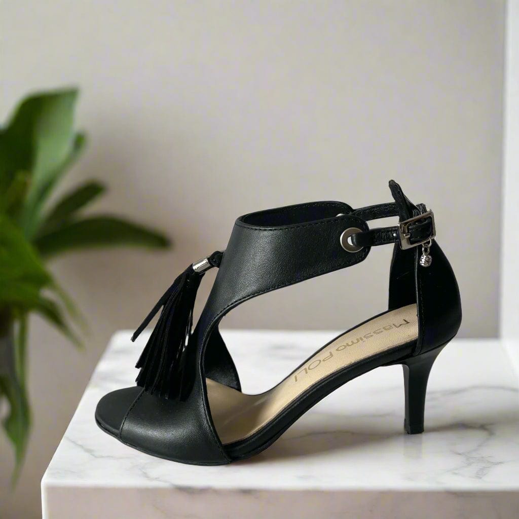 Petite size kitten heel black leather sandals