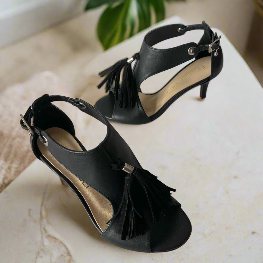 Tassel high heel sandals set on a high heel in black