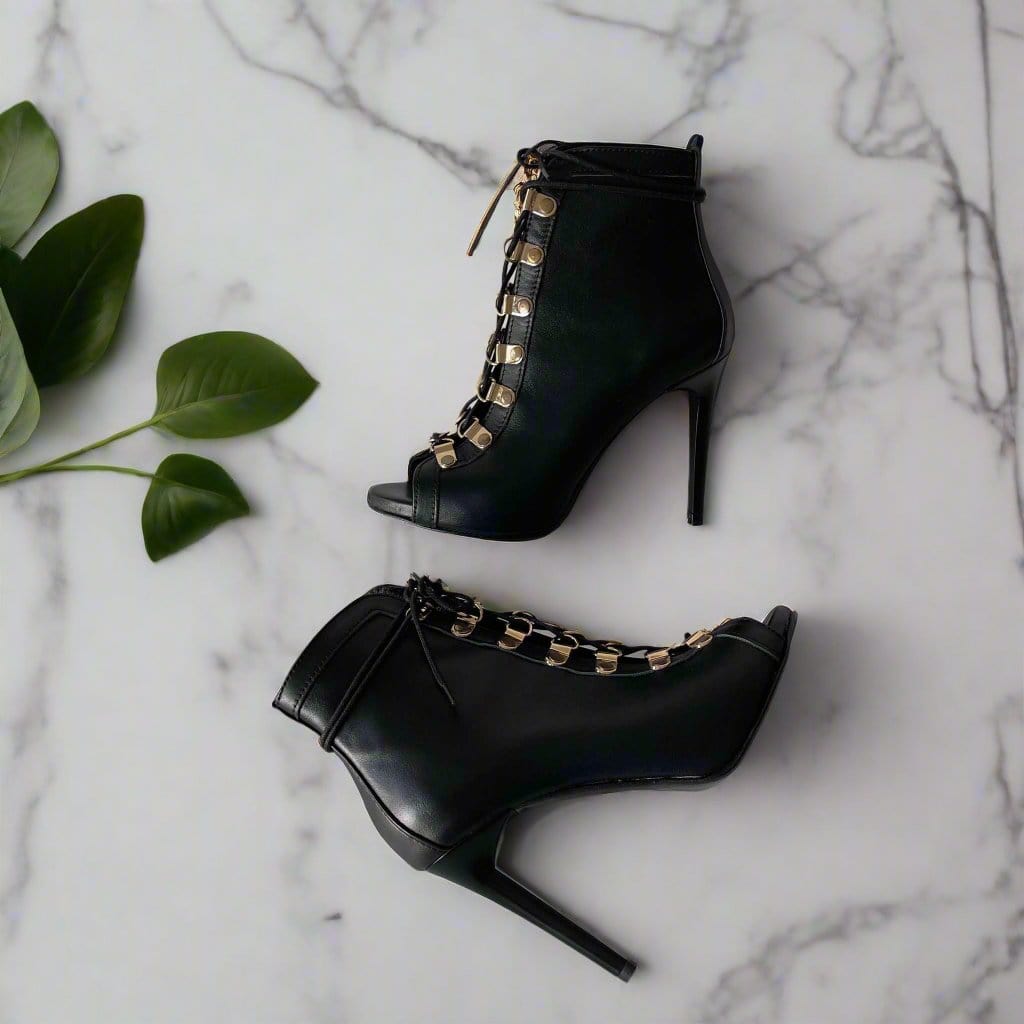 Petite black leather ankle boots with gladiator style lace upfromnt