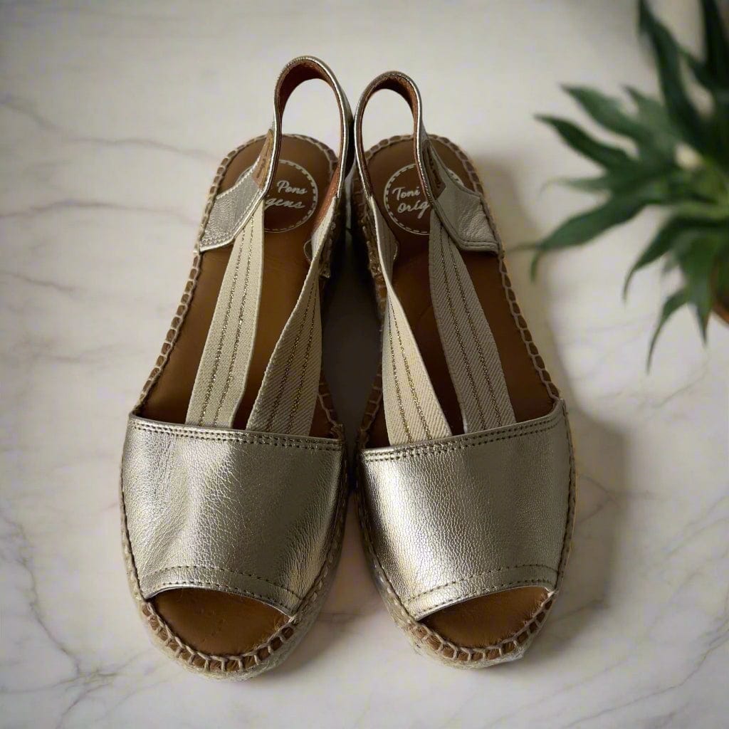 Petite size gold leather espadrilles with elasticated straps