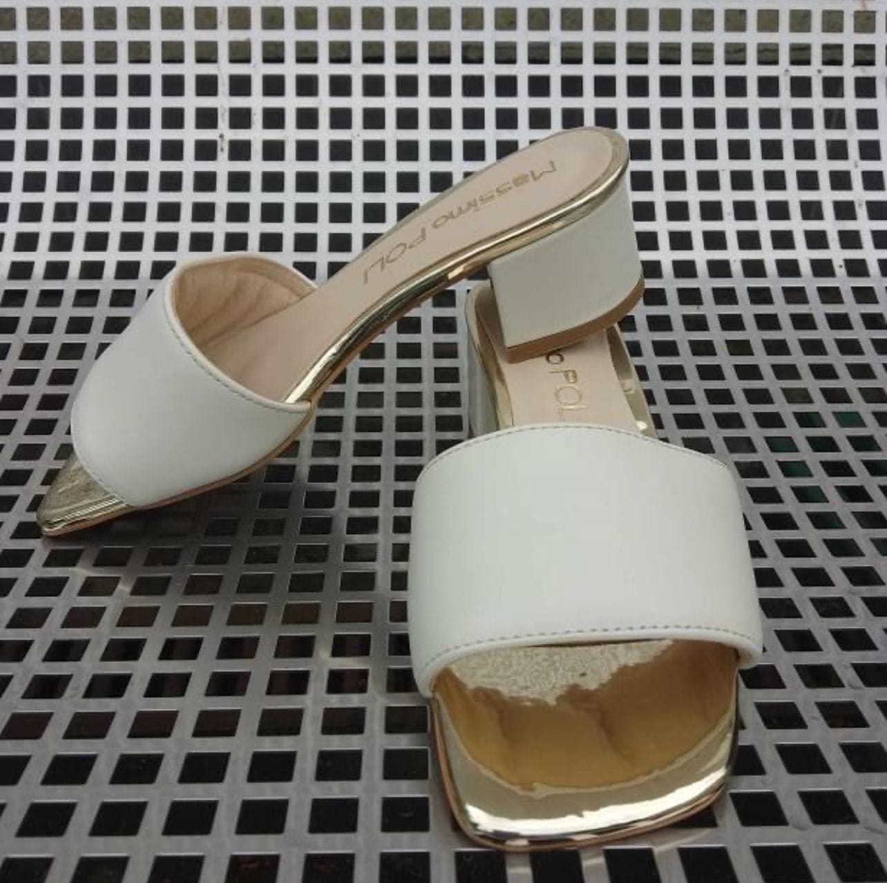 Cream and gold leather detailed ladies slider sandals
