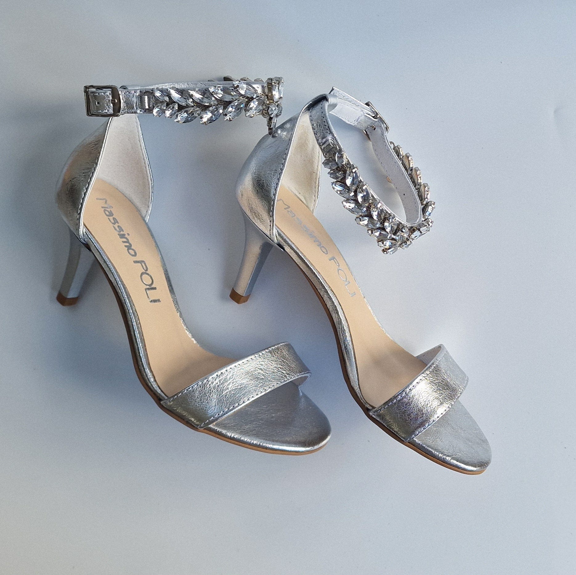 Wedding sandals in silver leather with diamanté ankle strap