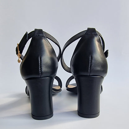 Block heel ankle strap sandals in black genuine leather