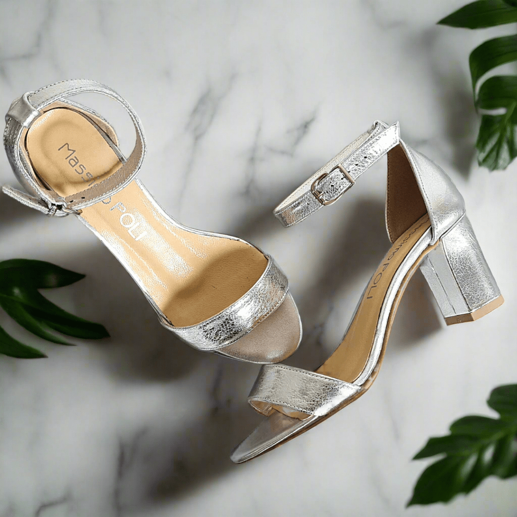 Petite size silver wedding sandals on a block heel