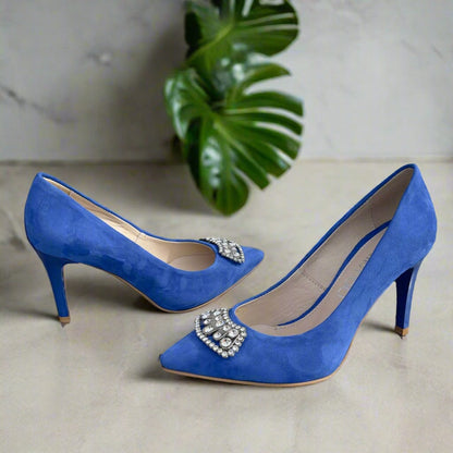 Blue suede leather pointed toe court heels with silver brooch 