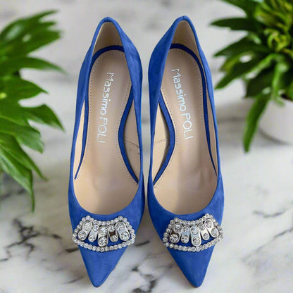 Blue suede leather pointed toe court heels with silver brooch 