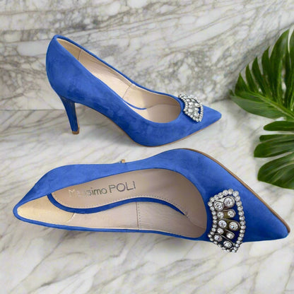 Blue suede leather pointed toe court heels with silver brooch 