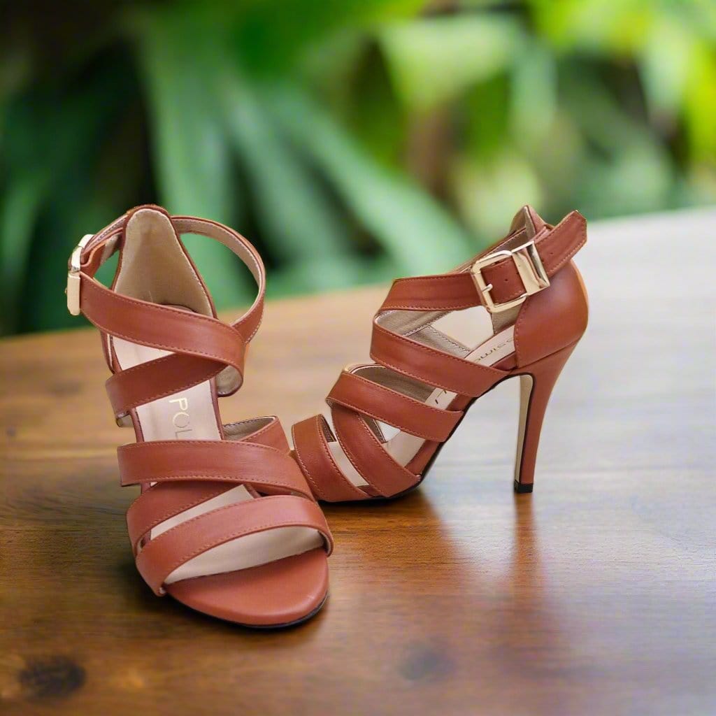 Tan leather petite size high heel sandals 