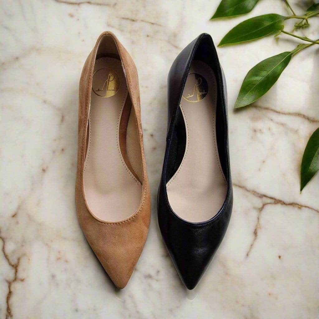 Pointed toe petite ballerina shoes in black or brown leather