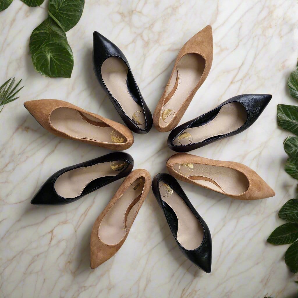 Pointed toe petite ballerina shoes in black or brown leather