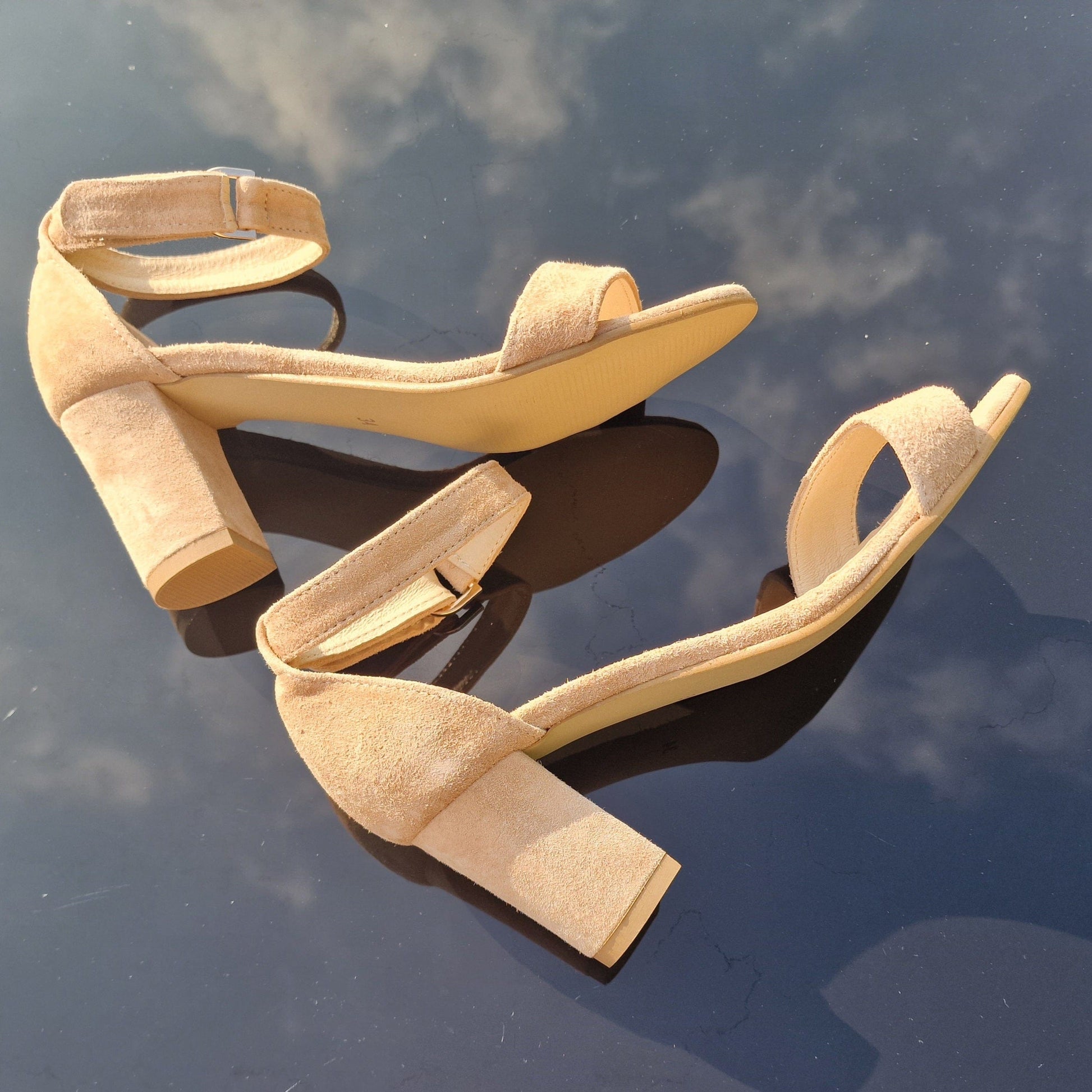 Block heel nude suede strap sandals in petite size