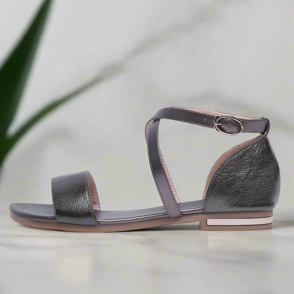 Petite cross strap flat sandals in champagne leather