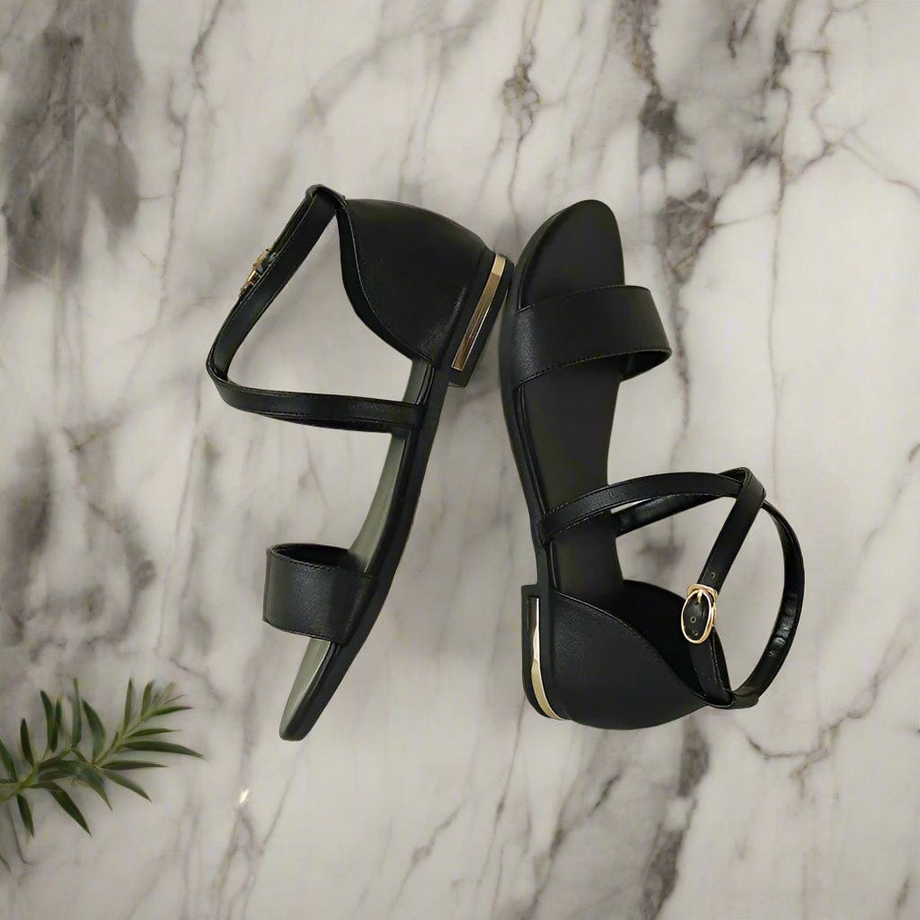 Small size black leather sandals with a gold buckle 