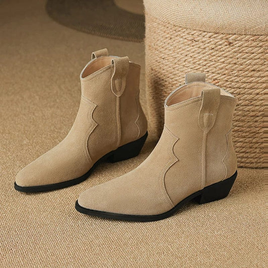 Beige suede petite cowboy ankle boots