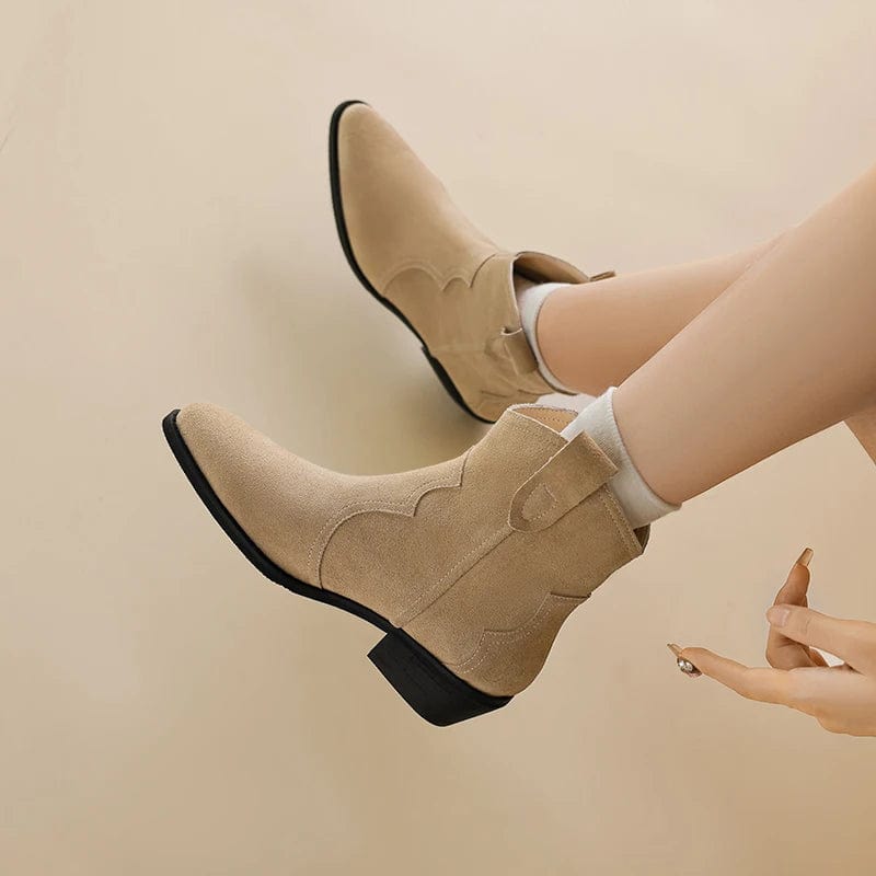 Beige suede petite cowboy ankle boots