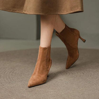 Petite pointed toe ankle boots in brown suede