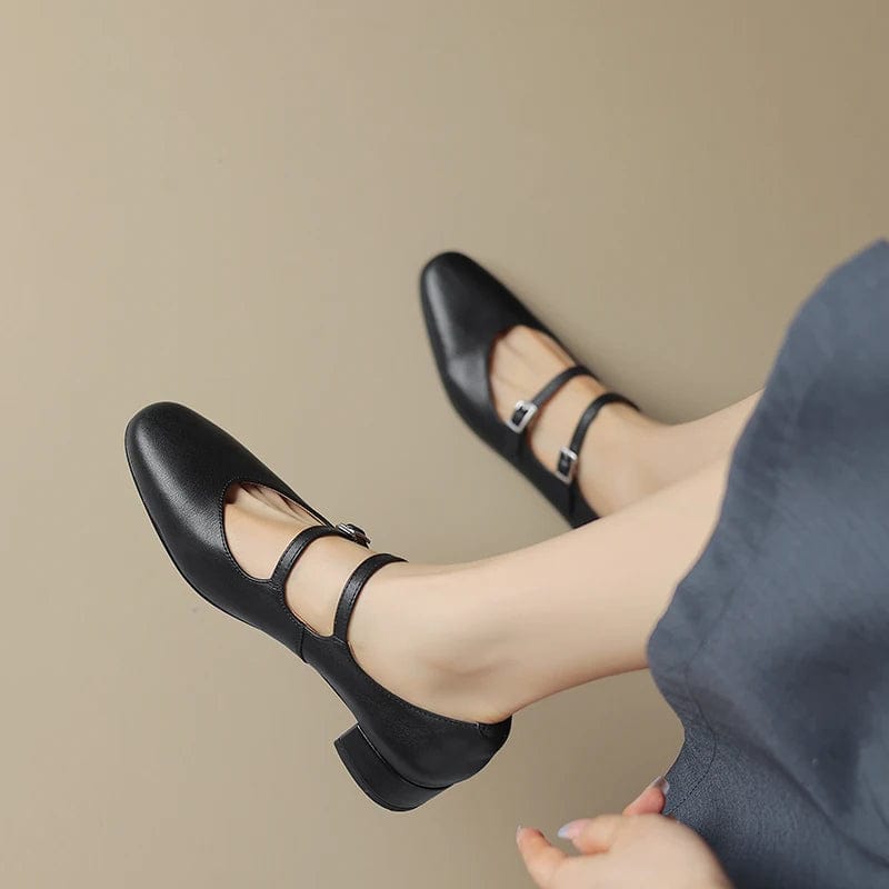 Black leather double strap Mary Jane shoes in black leather