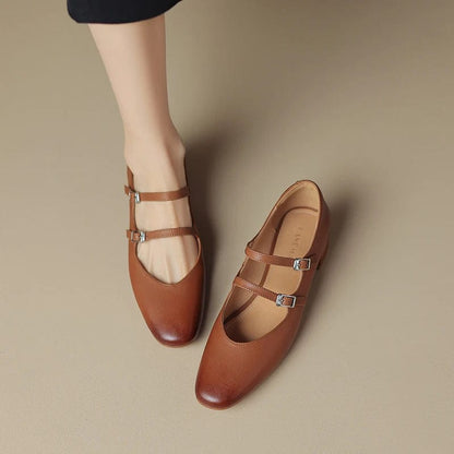 Brown leather double strap petite ballerina shoes