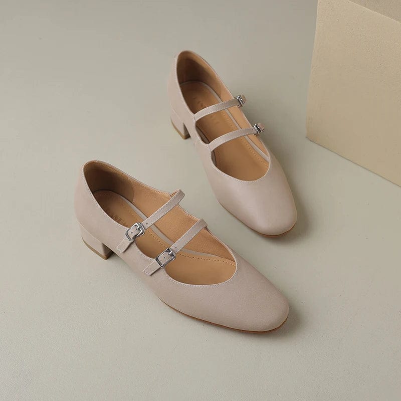 Beige leather kitten heel ballerina pumps