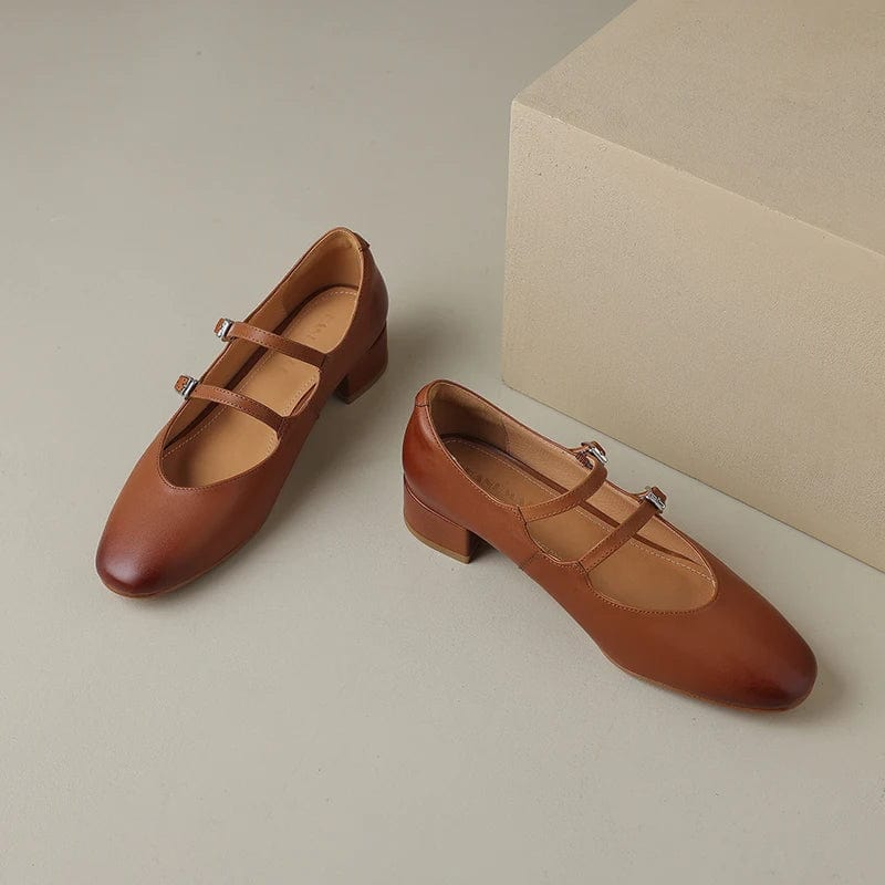 Brown leather kitten heel ballerina pumps