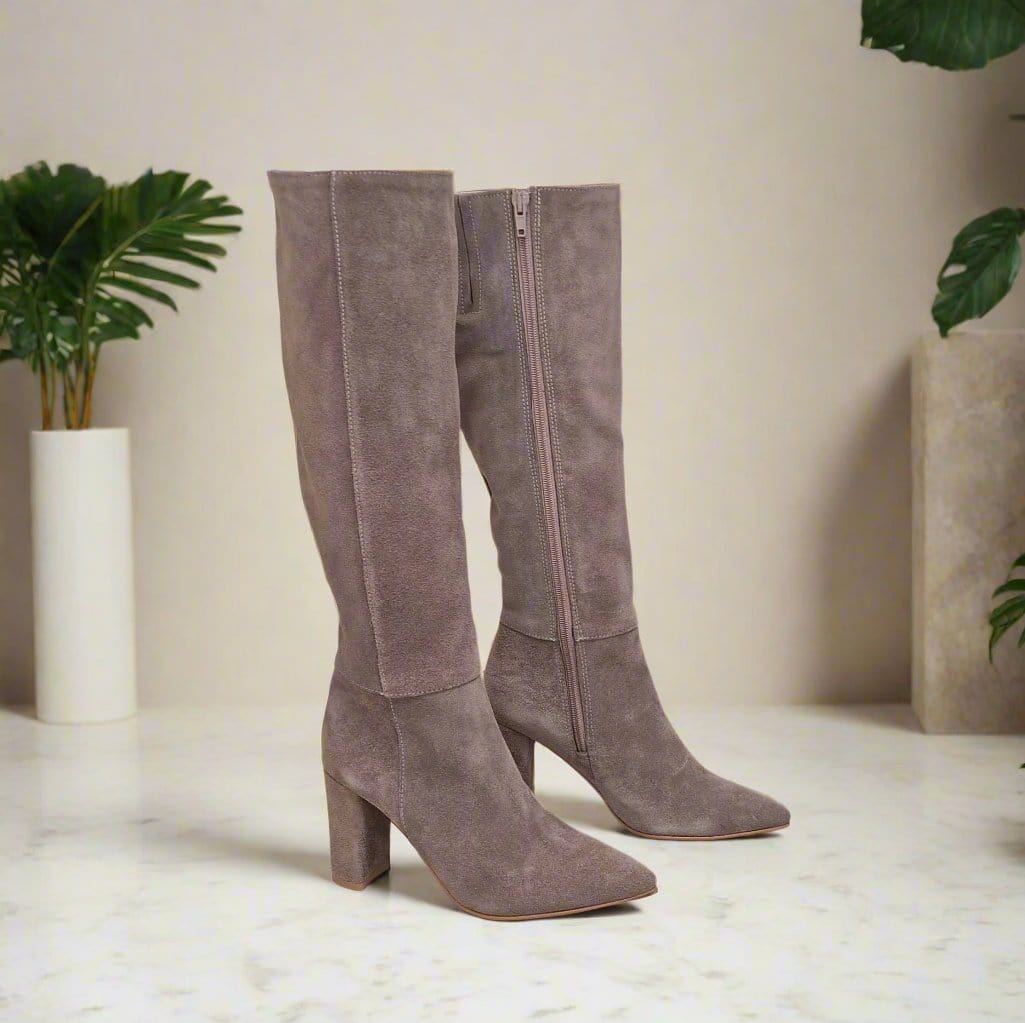 High heel beige suede knee high boots